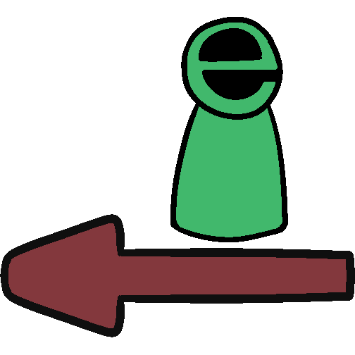 A green figure with an E on its head standing above a red arrow pointing left.
